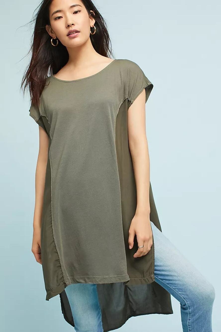T.la Small Provincetown Top Anthropologie  Women's Olive Green Tunic Split Hem